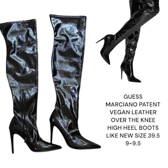 $200 GUESS MARCIANO BLACK FAUX LEATHER OVER THE KNEE HEEL BOOTS 9-9.5 LIKE NEW - Picture 1 of 8